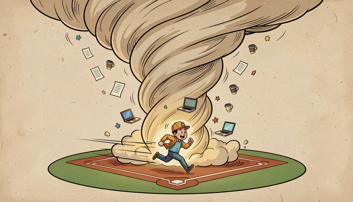 Cartoon: a giant spiraling hurricane of wind rises from a green base field, created by one small engineer running at incredible speed around a circular base path while laptops and papers swirl in the wind
