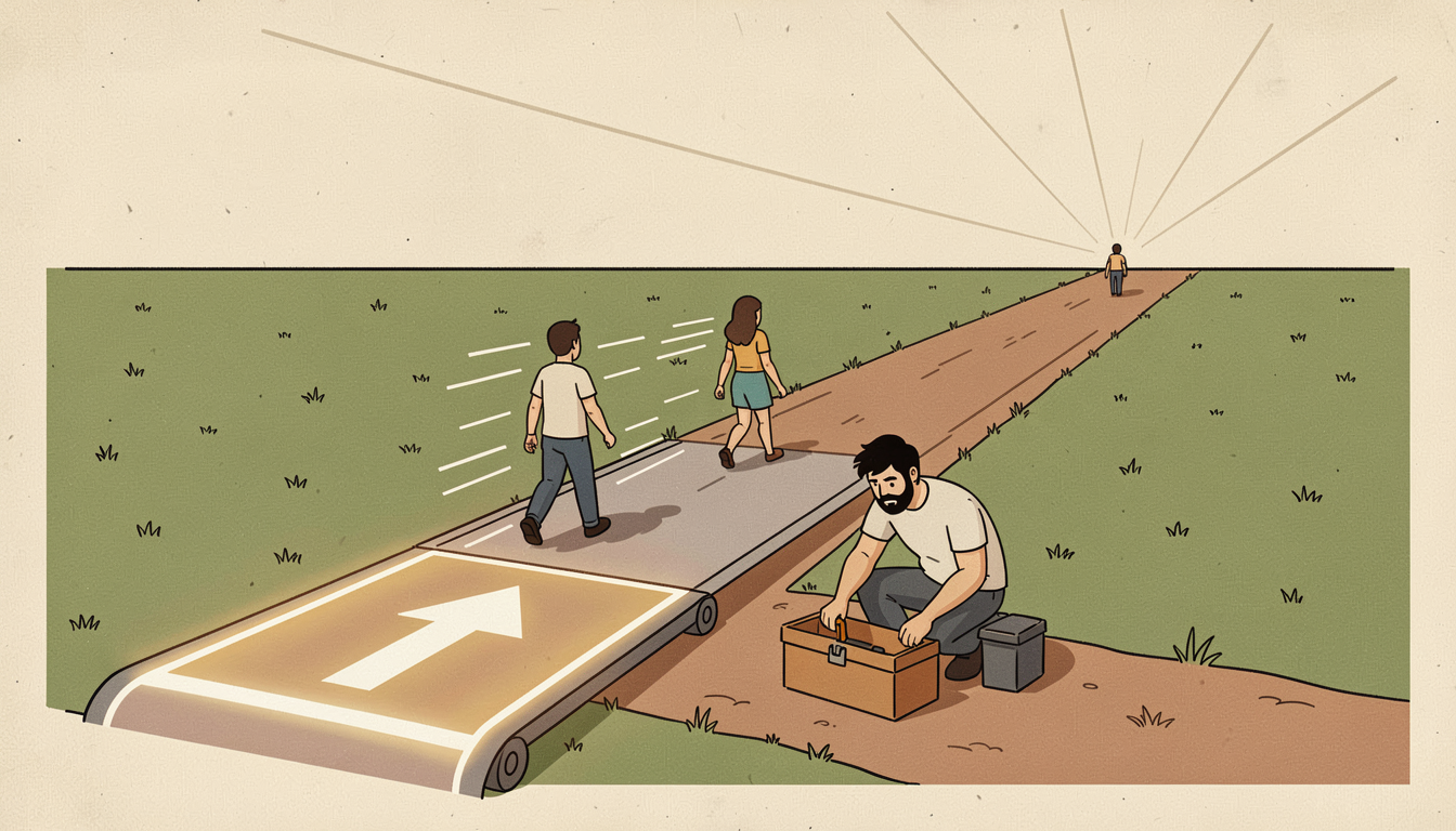 Flat cartoon: a software engineer with short dark hair and a black beard stands on a green base field holding a rolled blueprint, transforming a plain dirt path into a futuristic airport-style moving walkway travelator with white arrows and speed lines; three small figures stride fast on the travelator while one walks slowly on the dirt beside it