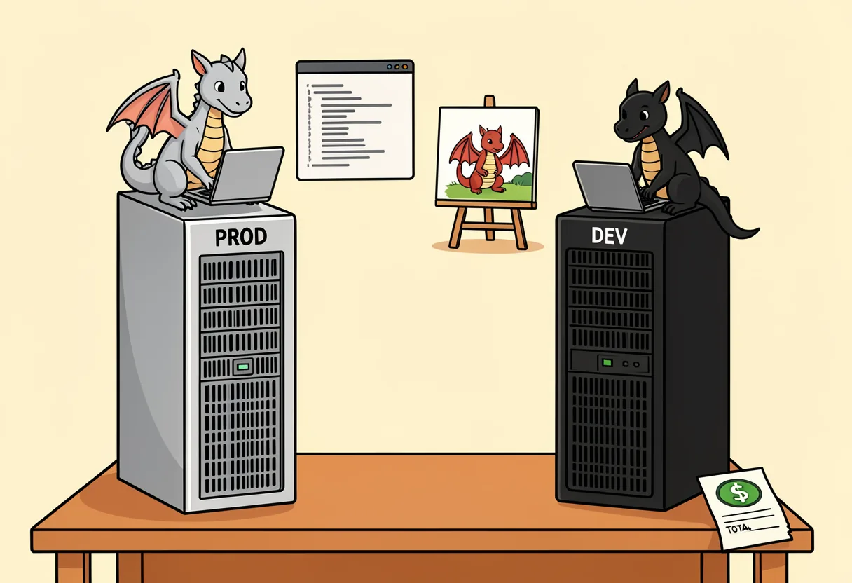 Cartoon: a silver dragon types on a laptop on top of a tall silver server labeled PROD while a black dragon types on a black vented server labeled DEV; between them a window of code and an easel with a half-painted dragon picture, and a cheap receipt with a green dollar sign sits on the desk