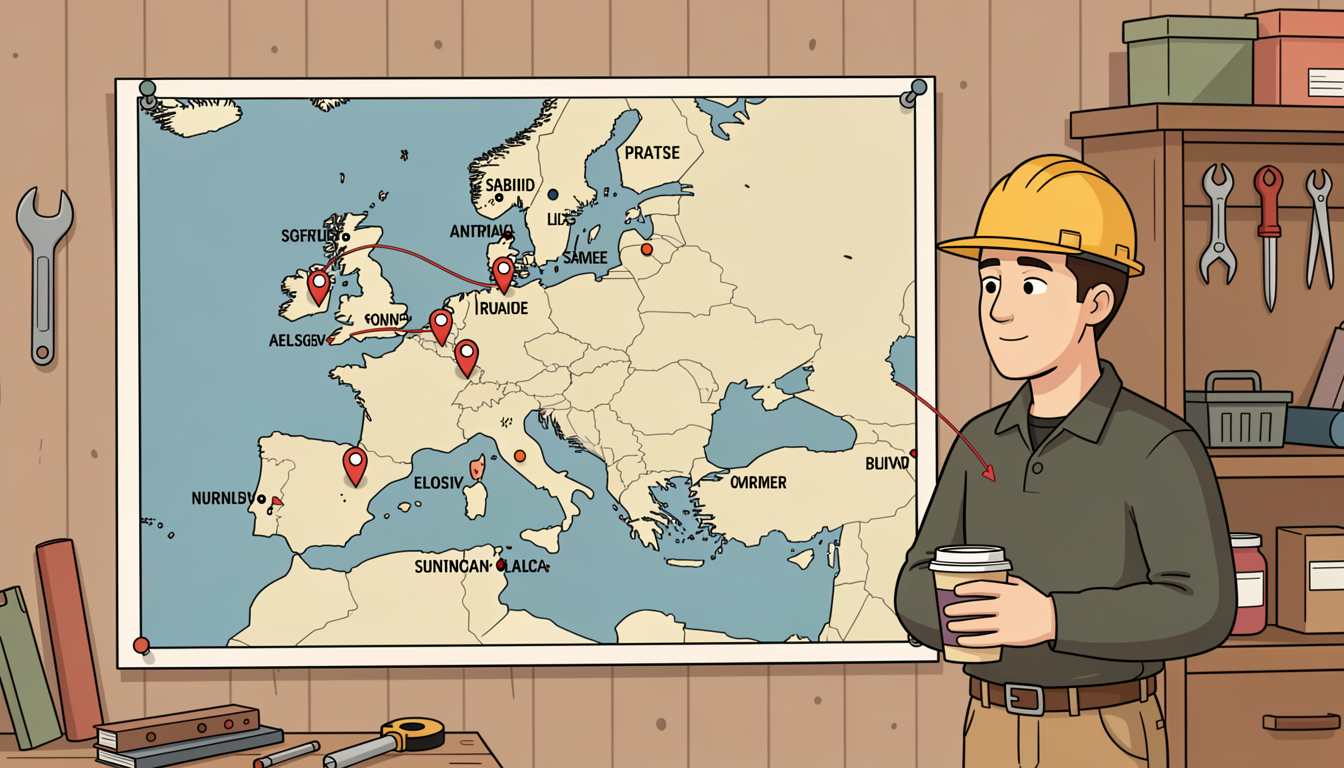 A simple map of Europe pinned to a workshop wall with pins in coastal cities and red string between them, an engineer looking at it with coffee