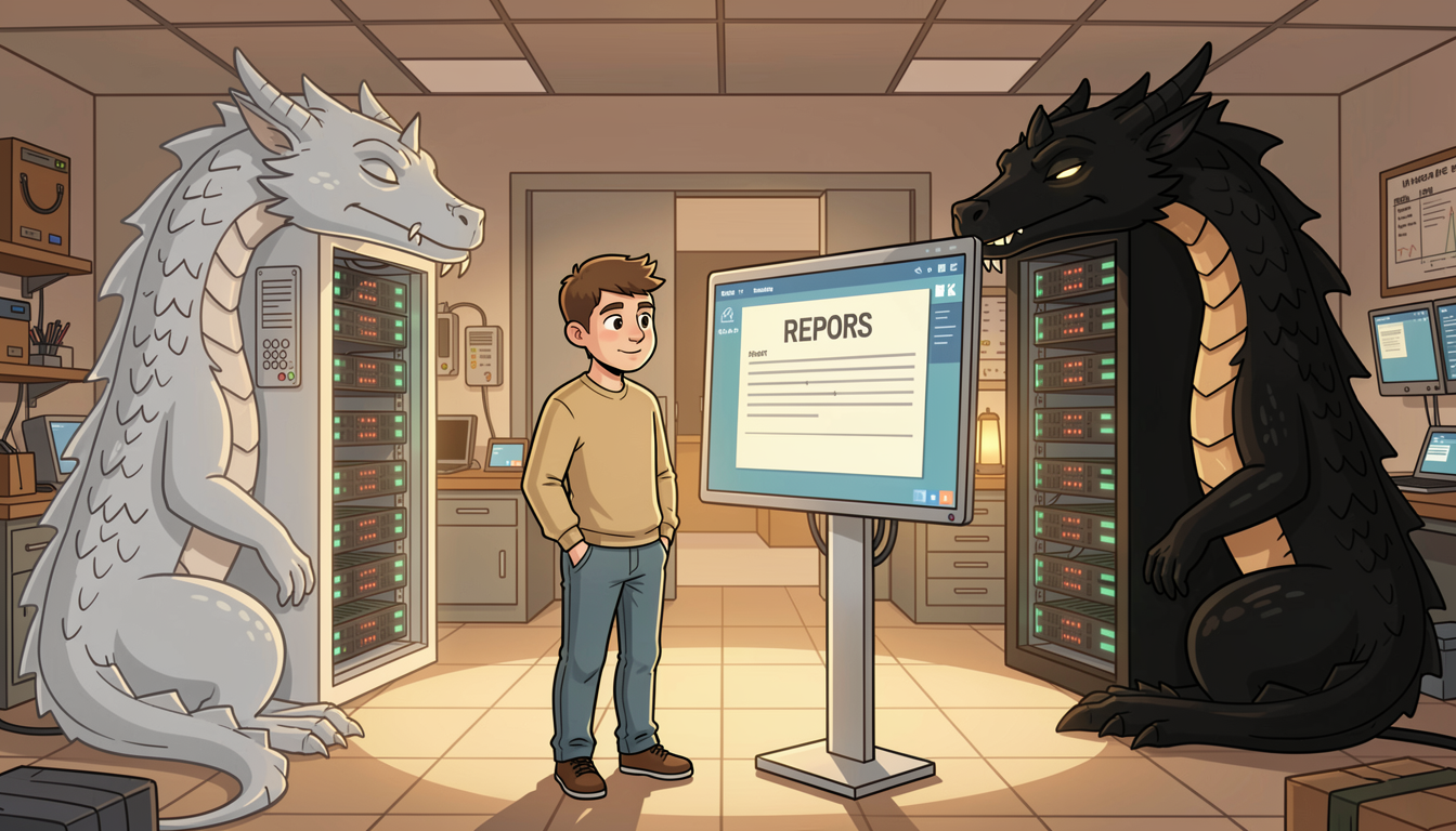 A software engineer stands between two sleeping dragon-shaped server towers as a machine screen holds up a report card
